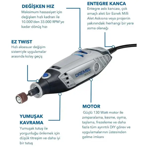 Dremel 3000-15 El Motoru ve S724 150 Parça Aksesuar Seti 2