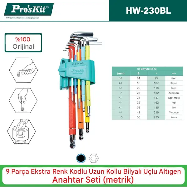 Proskit HW-230BL Uzun Top Başlı Renkli Alyan Anahtar Seti 2