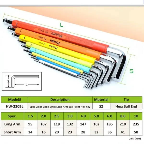 Proskit HW-230BL Uzun Top Başlı Renkli Alyan Anahtar Seti 4