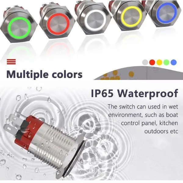 19mm İp65 Led Işıklı Soketli ve Kablolu Metal Yaylı Buton 2
